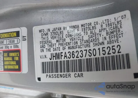 2007 Honda Civic Hybrid из США, поврежденный, VIN JHMFA36237S015252